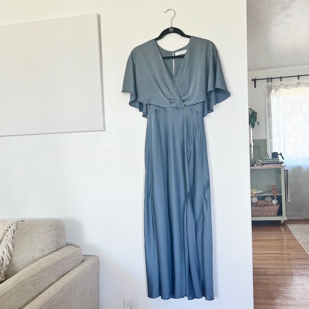 Alessia Satin Flutter Sleeve Midi Dress in Dusty Blue bridesmaid dress